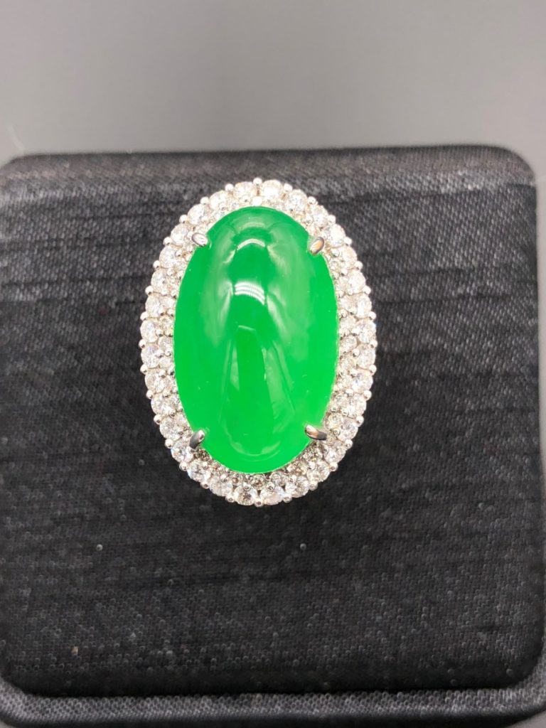Huge Translucent Green Cabochon Jadeite Ring Nanyang Jade Authentic