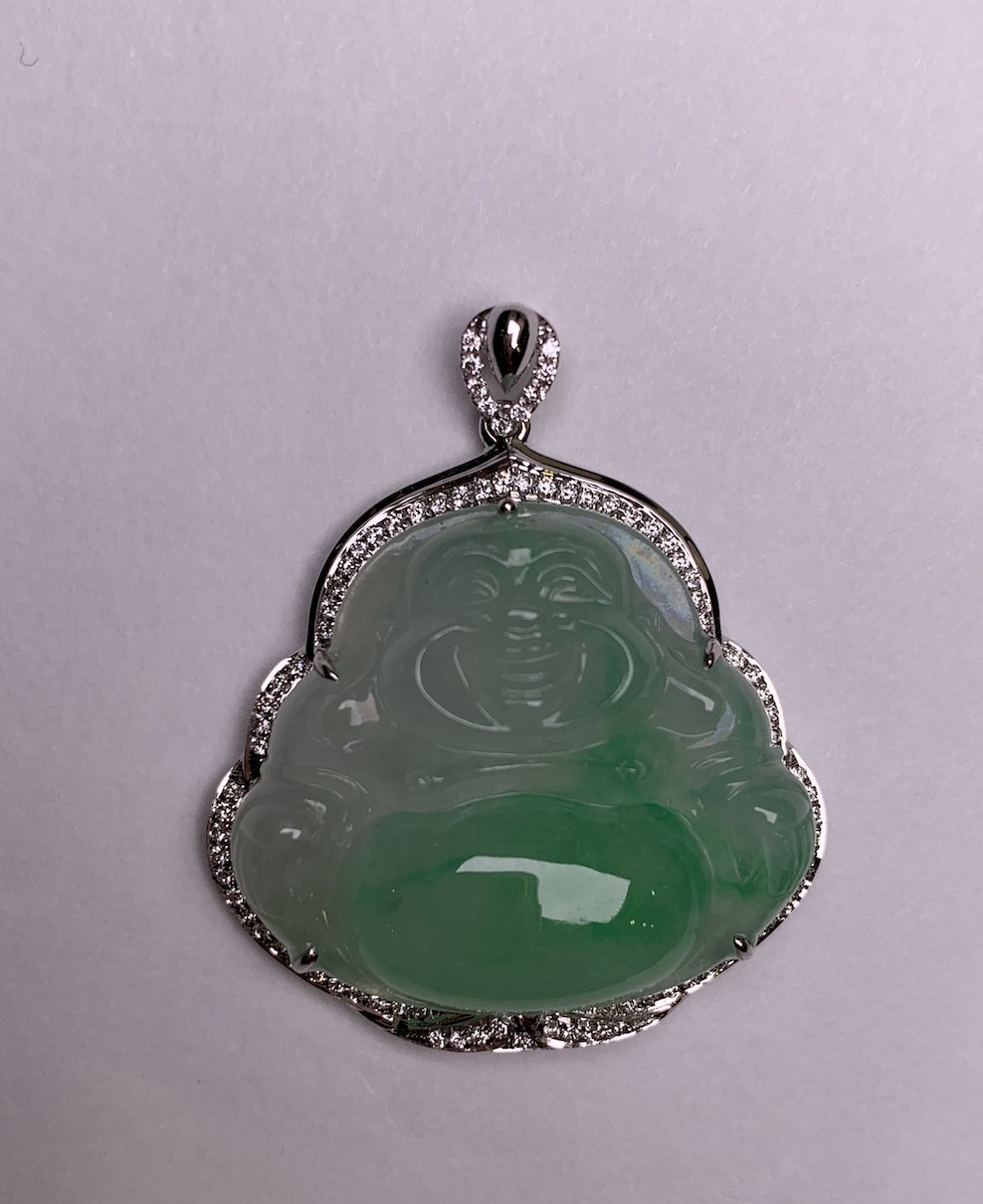 Highly translucent icy green laughing buddha jadeite pendant - Nanyang ...
