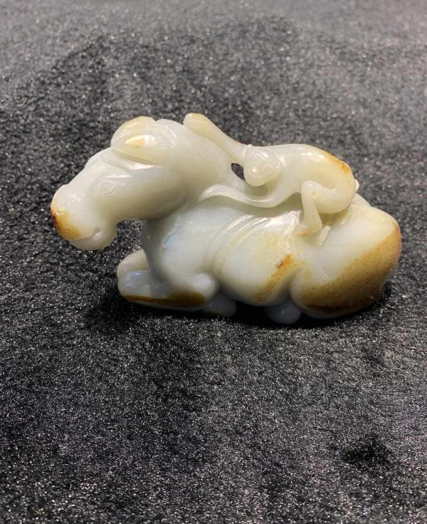 Natural white jade horse with monkey carving nephrite ornament - Image 4