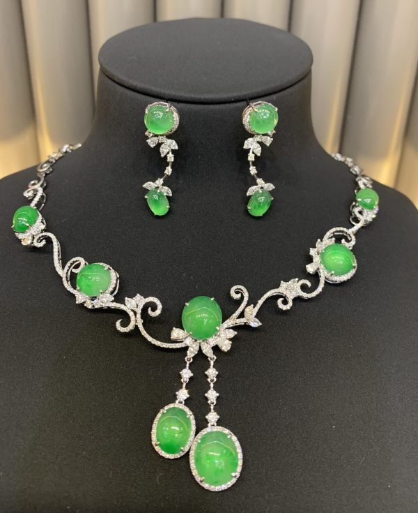 highly translucent icy apple green cabochons jadeite necklace earring set - Image 5