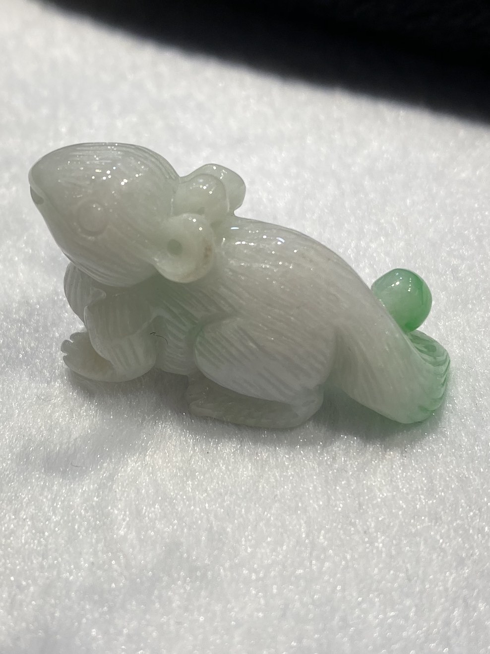 icy translucent green with white patch squirrel jadeite ornament