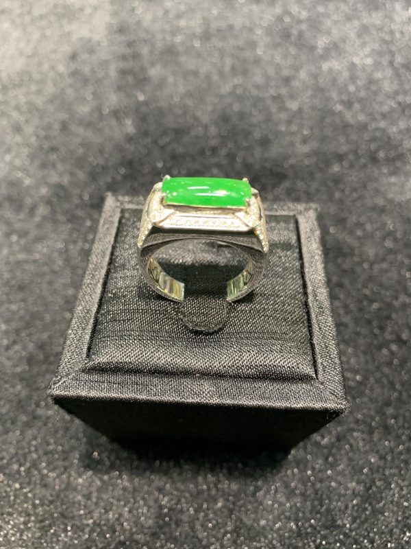 Icy translucent vibrant apple green saddle jadeite ring