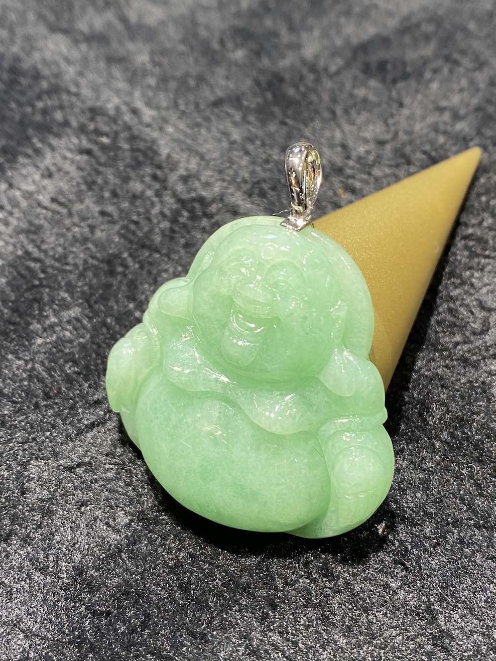 Translucent icy apple green laughing buddha jadeite pendant - Nanyang ...