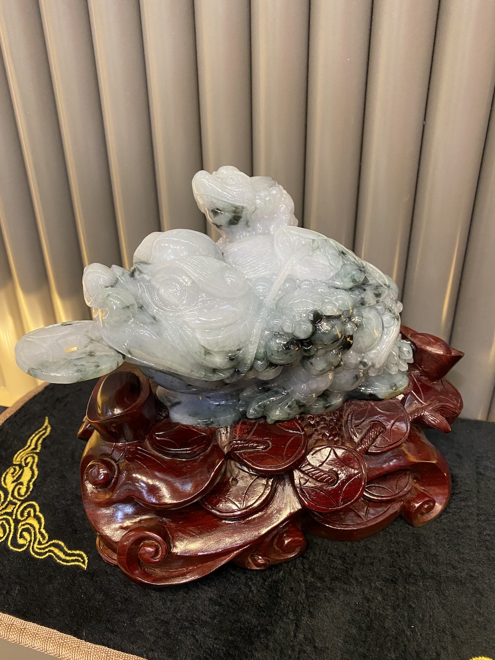 Translucent icy faint floating green toad jadeite ornament