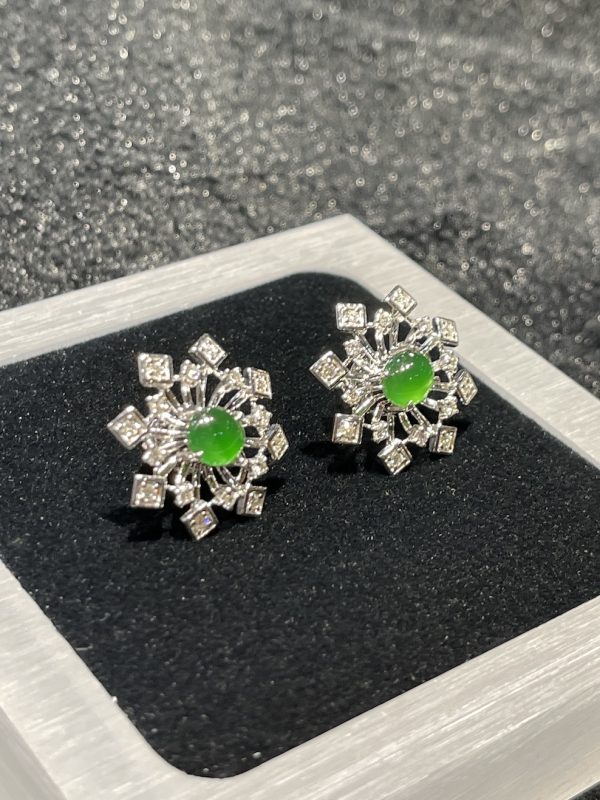 highly translucent vivid green cabochon jadeite earring stud - Image 2