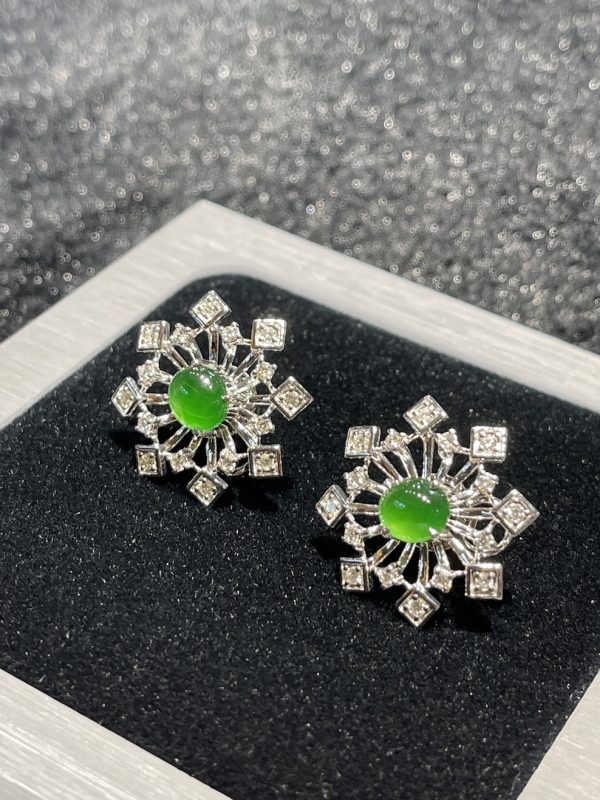 highly translucent vivid green cabochon jadeite earring stud - Image 3