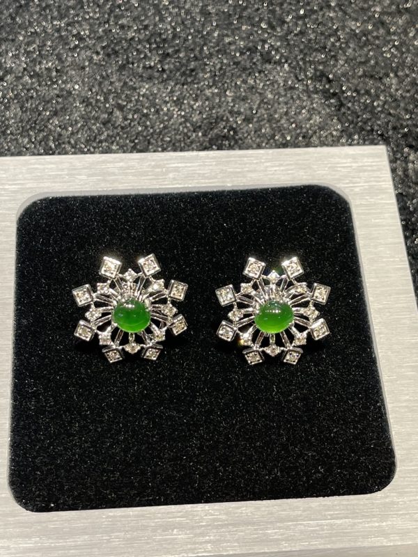 highly translucent vivid green cabochon jadeite earring stud - Image 5