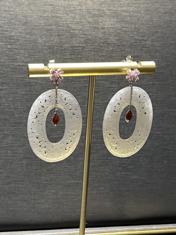 Translucent carving oval shape jadeite dangling earring - Image 2