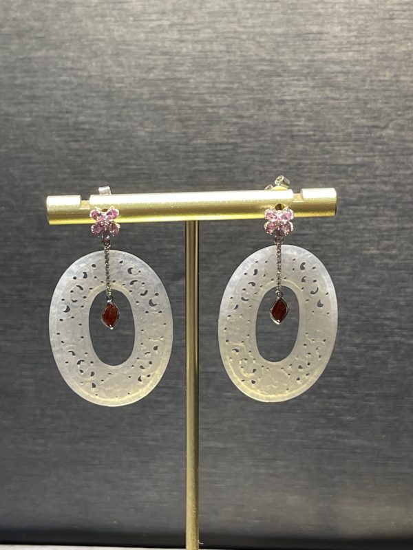 Translucent carving oval shape jadeite dangling earring - Image 3