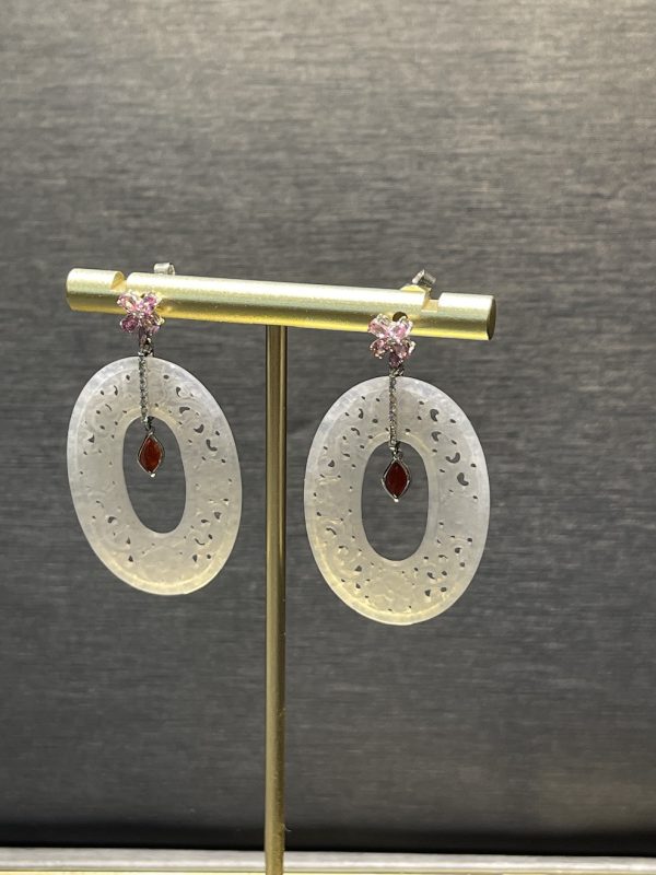 Translucent carving oval shape jadeite dangling earring - Image 5