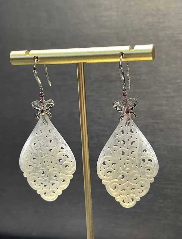translucent irregular carving shape icy jadeite earring - Image 2