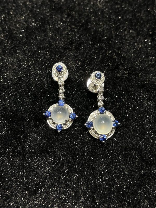 Highly translucent Icy cabochon jadeite dangling earring