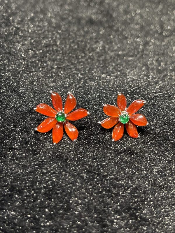 highly translucent vibrant reddish flower design jadeite earring[SOLD OUT]