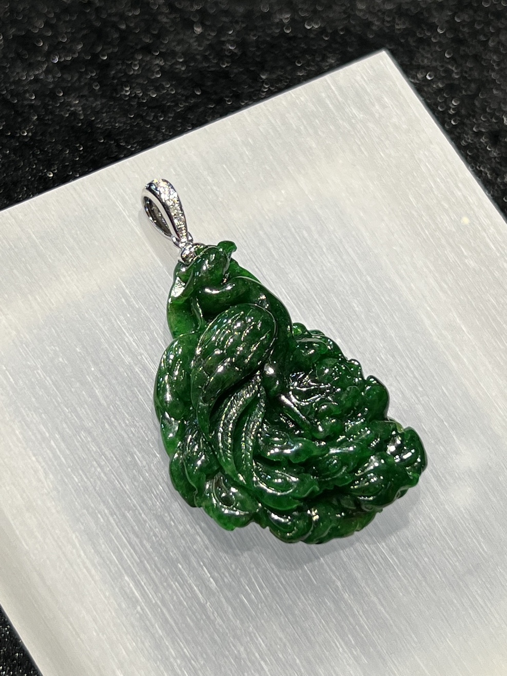 Translucent vibrant dark green phoenix jadeite pendant - Image 5