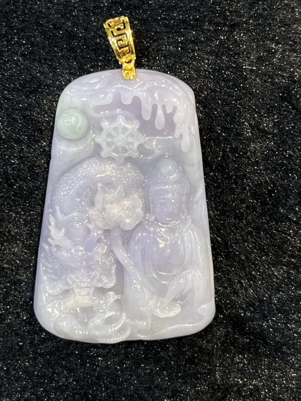 translucent lavender Guanyin with dragon jadeite pendant
