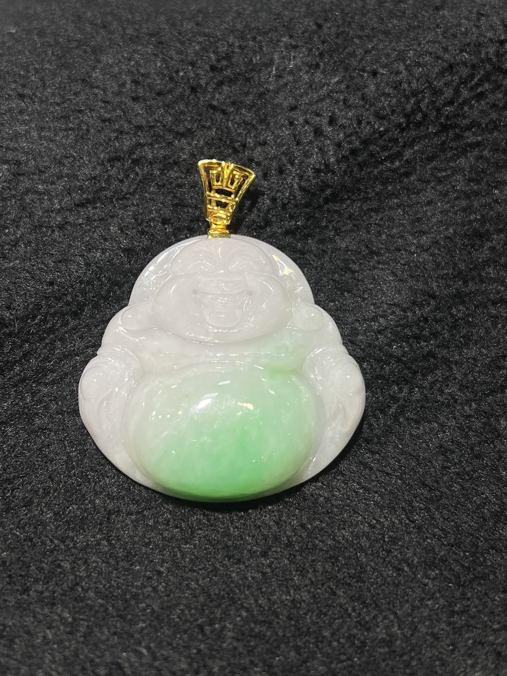 Translucent whiteish apple green laughing buddha jadeite pendant ...