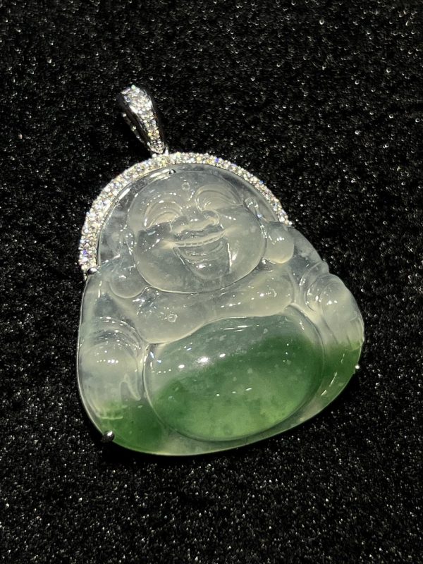Highly translucent green Laughing buddha jadeite pendant - Image 2
