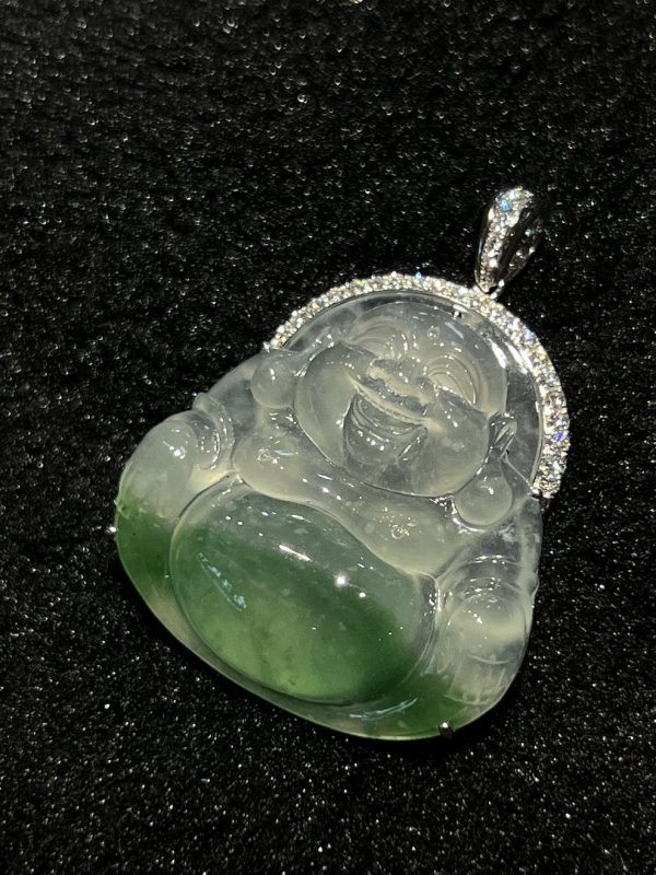 Highly translucent green Laughing buddha jadeite pendant - Image 3