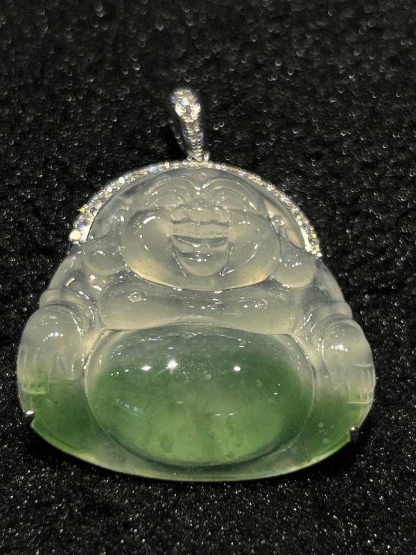 Highly translucent green Laughing buddha jadeite pendant - Image 4