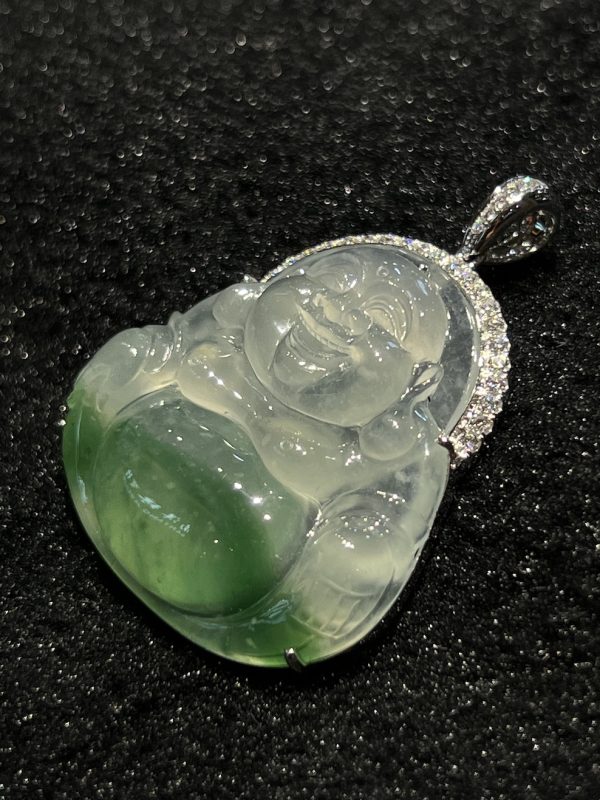 Highly translucent green Laughing buddha jadeite pendant - Image 5