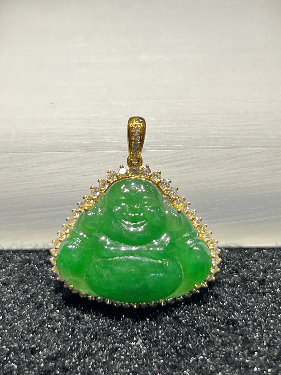 icy translucent vibrant green laughing buddha jadeite pendant - Nanyang ...