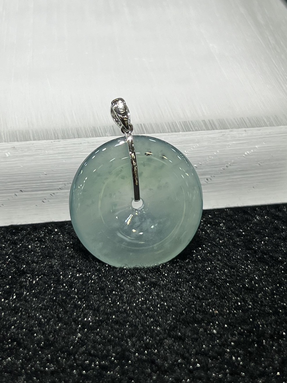 icy translucent bluish green safety knot jadeite pendant - Image 5