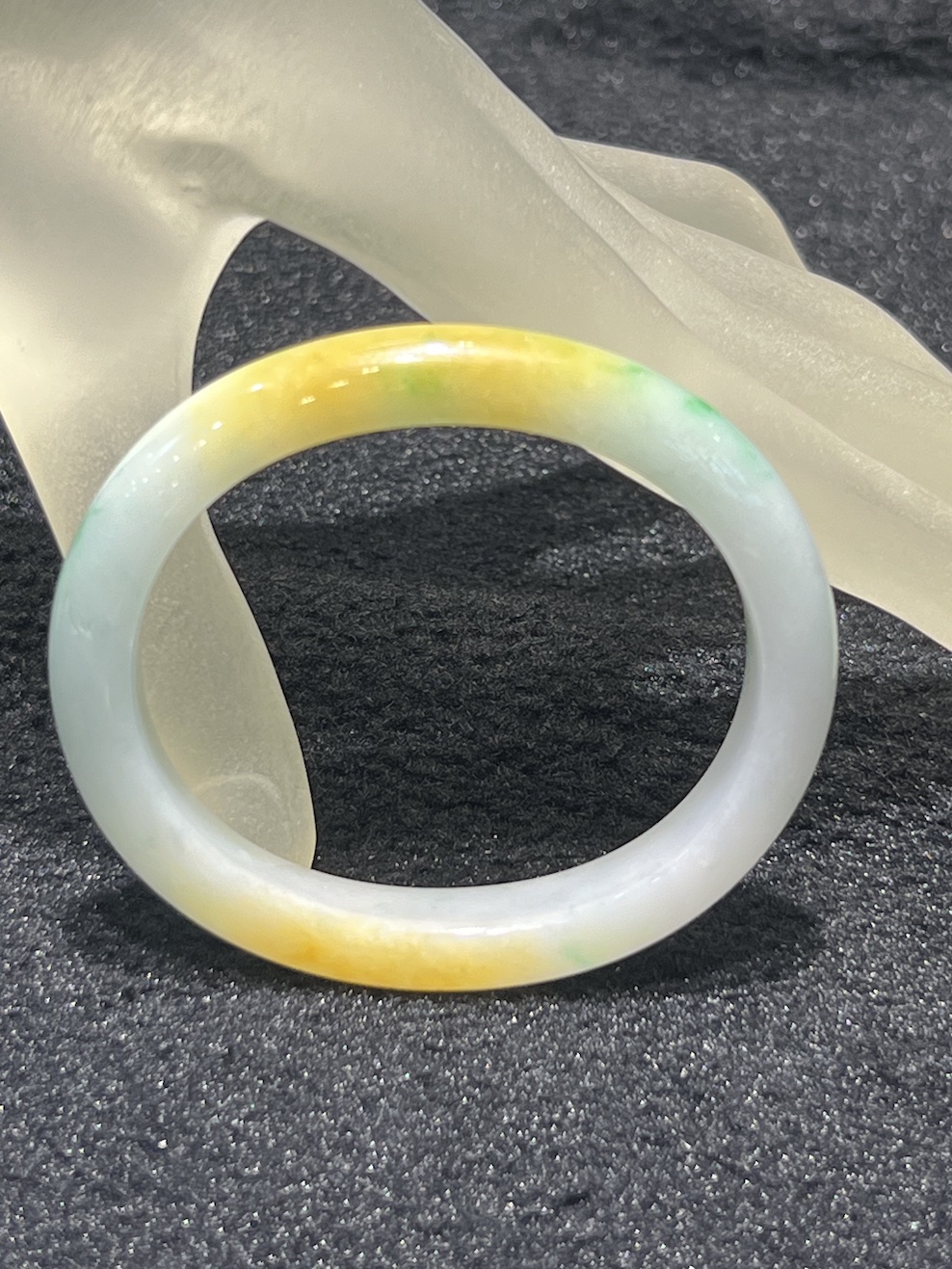 Translucent whiteish green with honey yellow jadeite bangle - Image 4