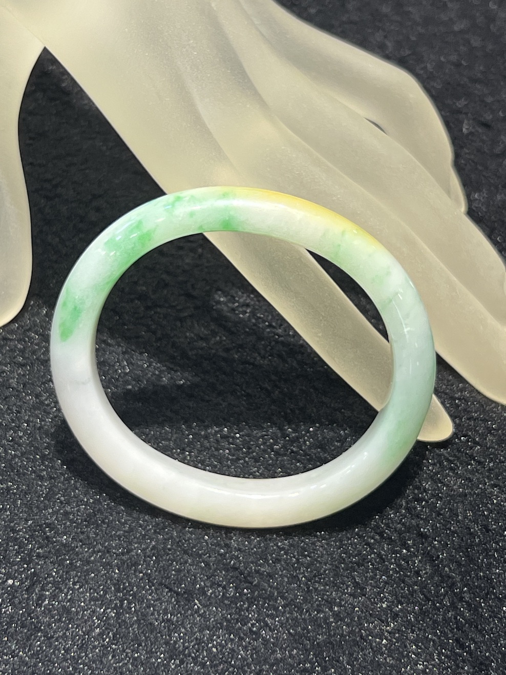 Translucent whiteish green with honey yellow jadeite bangle - Image 5