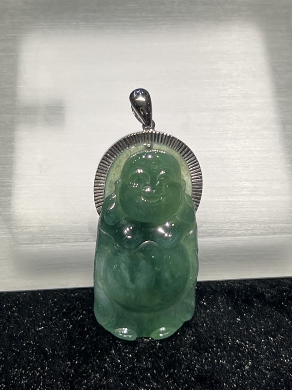 Icy translucent blueish green standing laughing buddha jadeite pendant - Image 2
