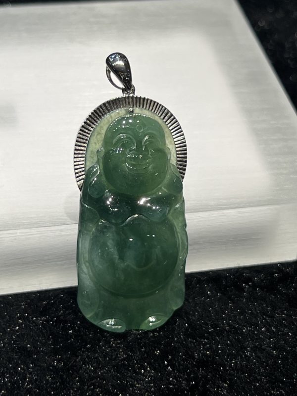 Icy translucent blueish green standing laughing buddha jadeite pendant - Image 3