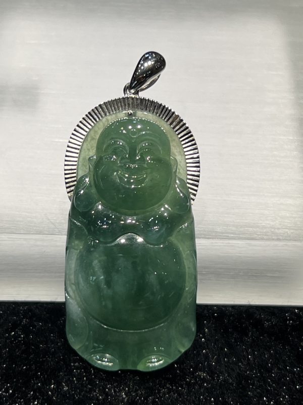Icy translucent blueish green standing laughing buddha jadeite pendant