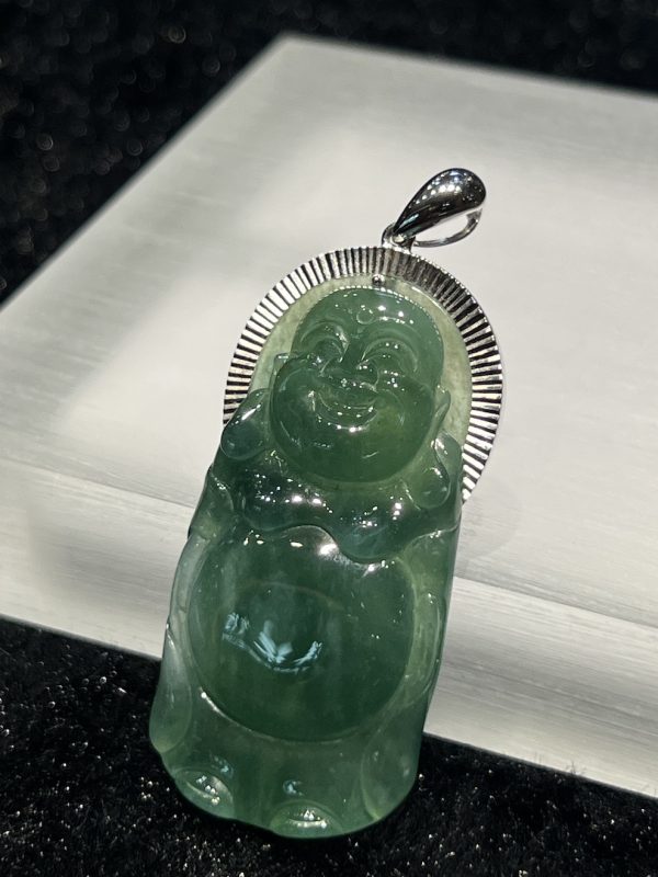 Icy translucent blueish green standing laughing buddha jadeite pendant - Image 5