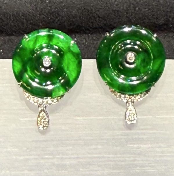 Translucent old pit green jadeite safety disc earrings with 18K white gold and diamonds