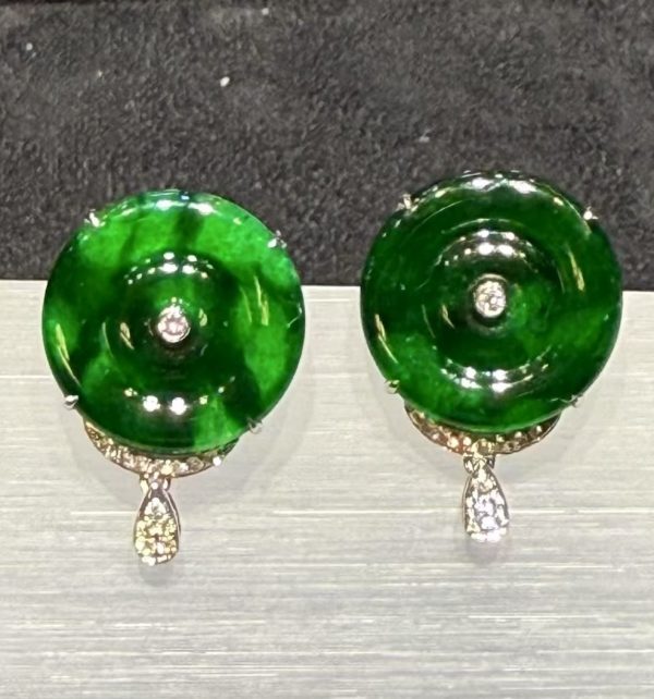 Translucent old pit green jadeite safety disc earrings with 18K white gold and diamonds