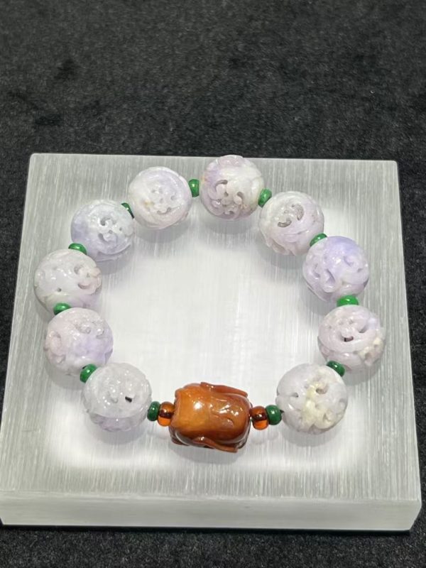 translucent Lavender Carving beads with Reddish Dragon Head Accent jadeite bracelet - Image 2