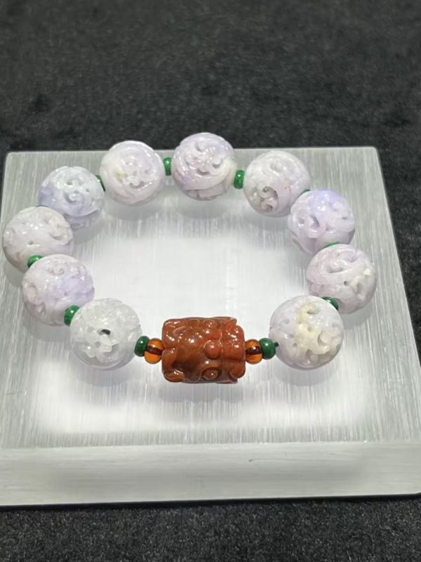 translucent Lavender Carving beads with Reddish Dragon Head Accent jadeite bracelet - Image 4