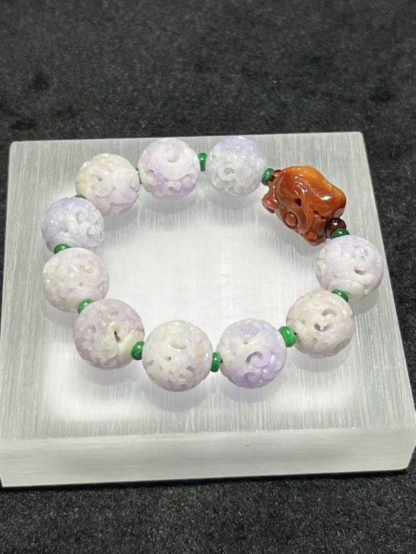 translucent Lavender Carving beads with Reddish Dragon Head Accent jadeite bracelet - Image 5