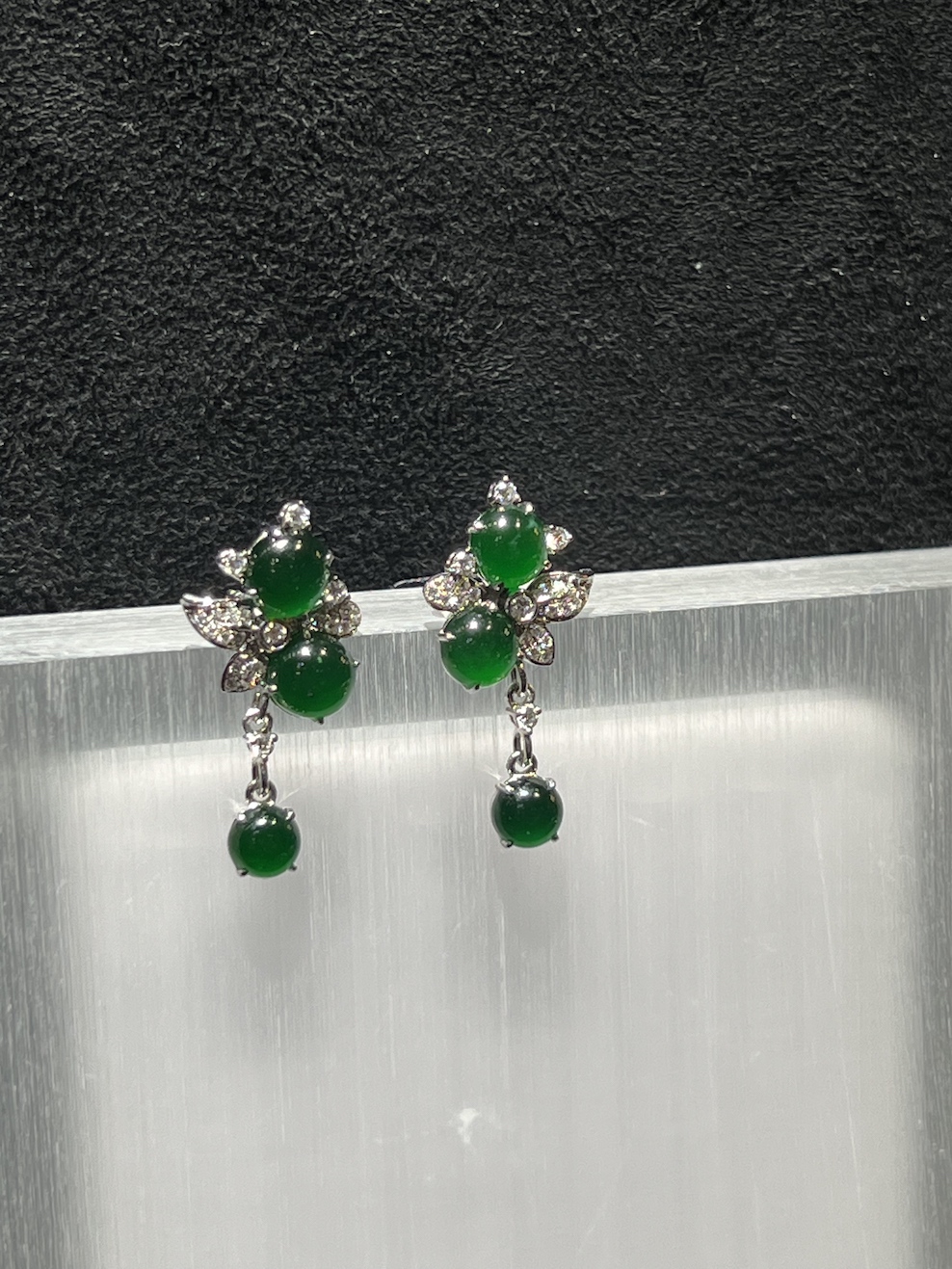 icy translucent vibrant green cabochon jadeite earring
