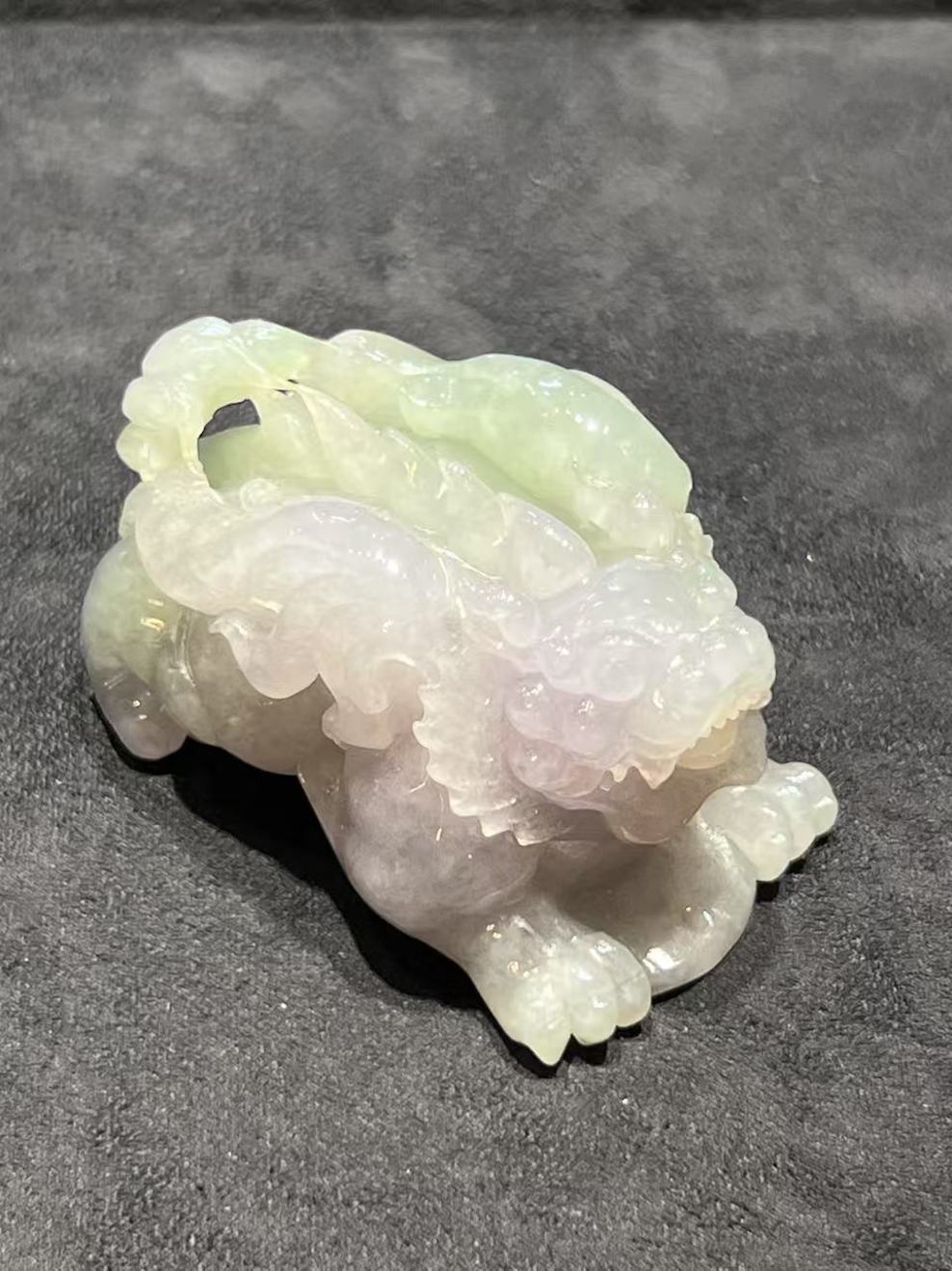 Translucent faint Lavender with Green Jadeite Pixiu Ornament