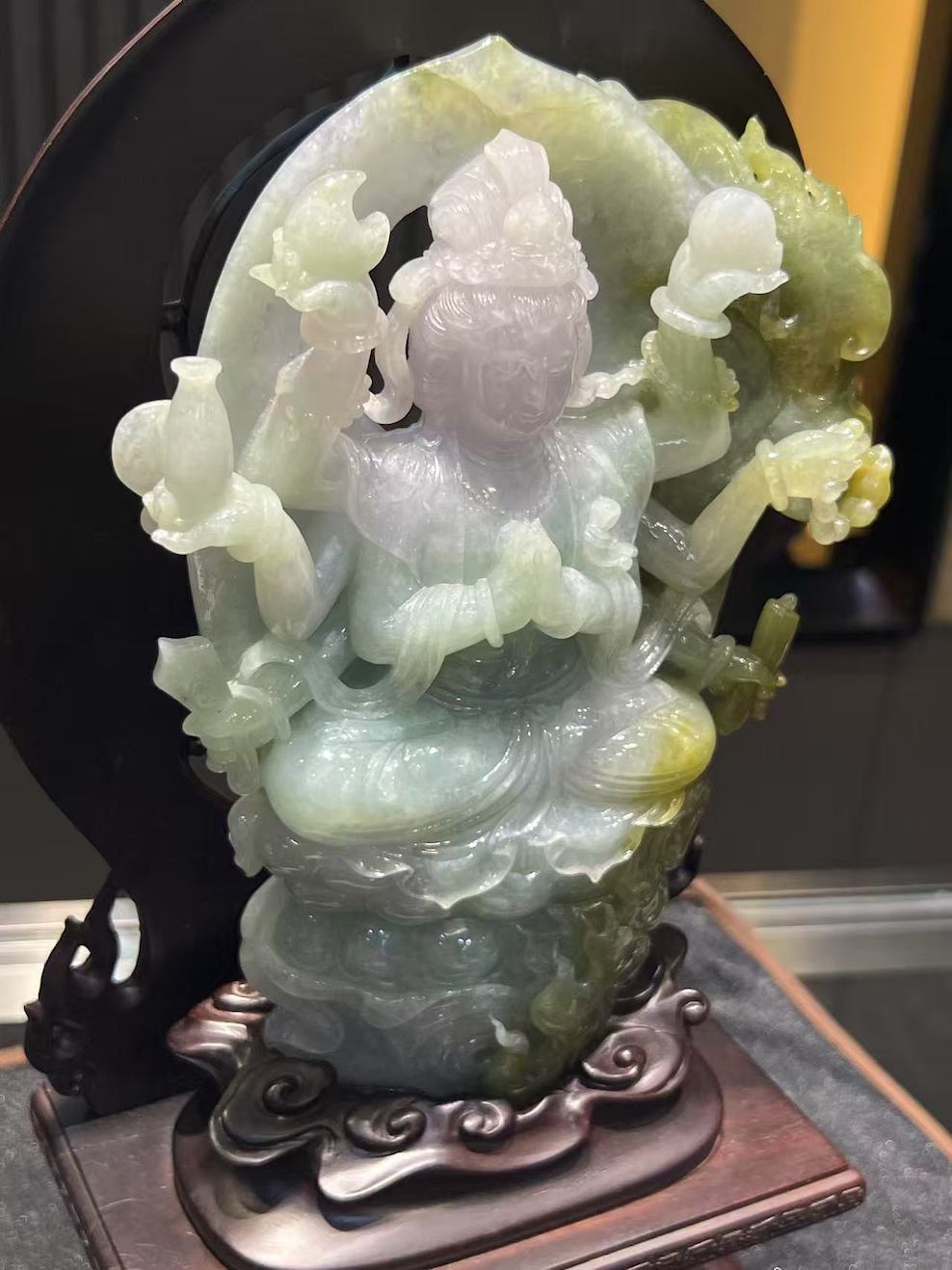 Translucent Lavender-Green-Yellow Thousand-Hand Guanyin Jadeite ornament