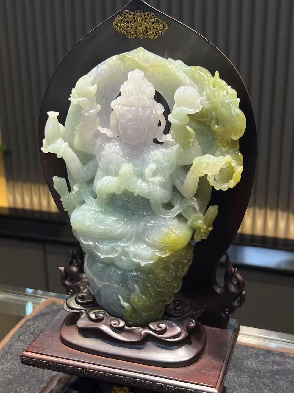 Translucent Lavender-Green-Yellow Thousand-Hand Guanyin Jadeite ornament