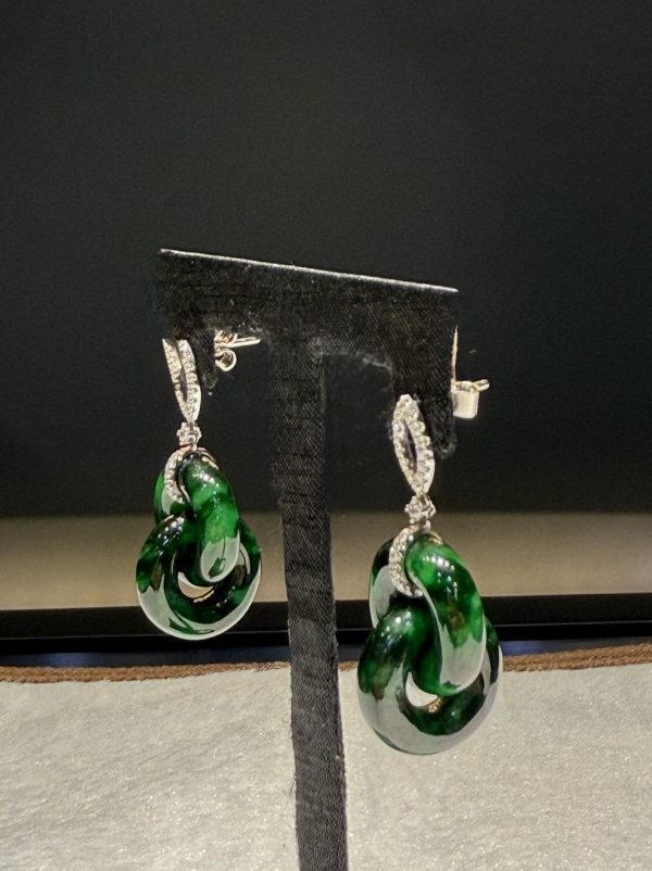 Translucent old pit green jade double donut earrings with diamonds in 18K white gold setting