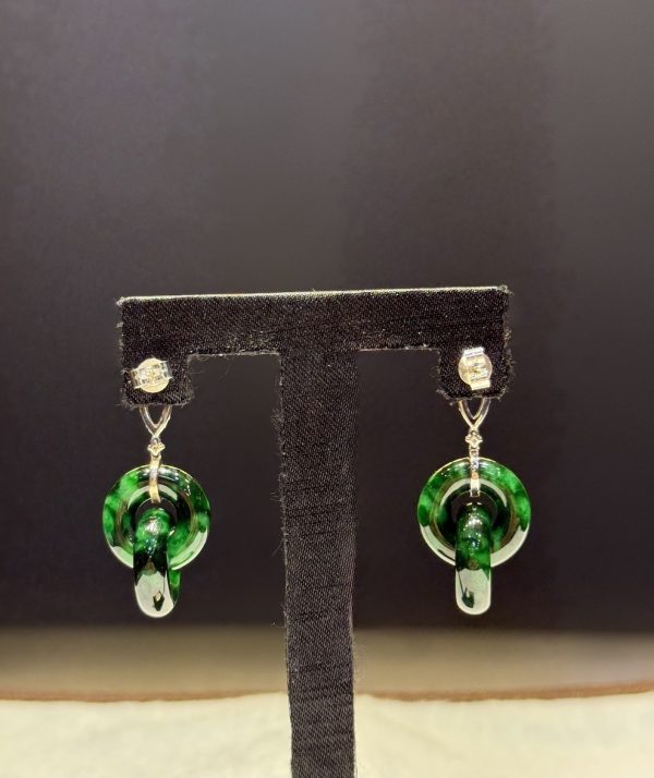 Translucent old pit green jade double donut earrings with diamonds in 18K white gold setting