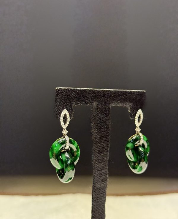 Translucent old pit green jade double donut earrings with diamonds in 18K white gold setting