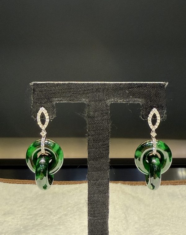 Translucent old pit green jade double donut earrings with diamonds in 18K white gold setting