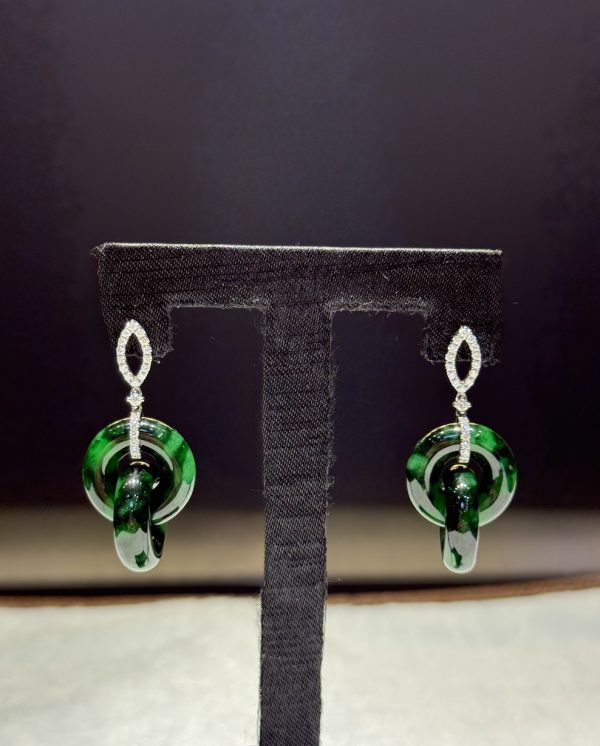 Translucent old pit green jade double donut earrings with diamonds in 18K white gold setting