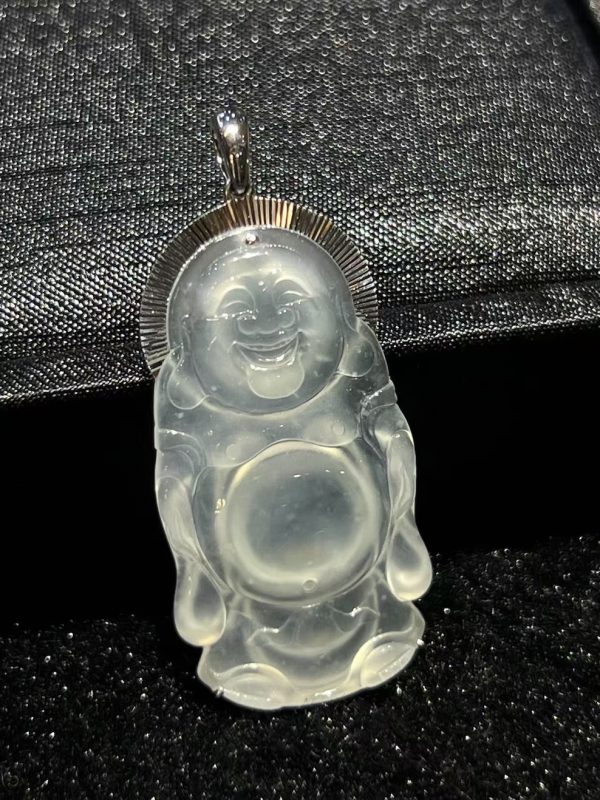 Highly translucent jade Laughing Buddha pendant in standing pose set in 18K white gold