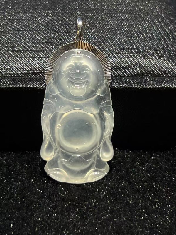 Highly translucent jade Laughing Buddha pendant in standing pose set in 18K white gold