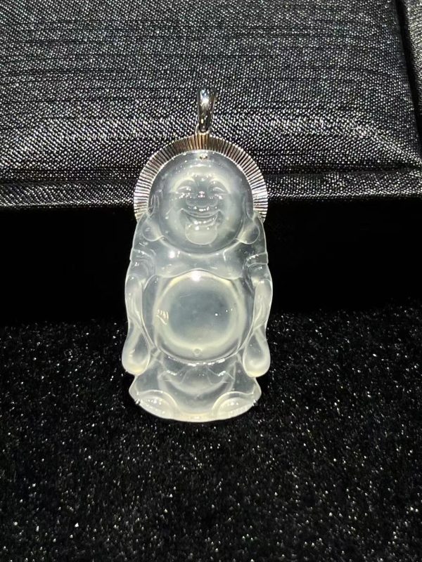 Highly translucent jade Laughing Buddha pendant in standing pose set in 18K white gold