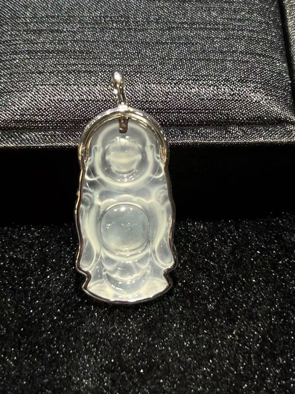 Highly translucent jade Laughing Buddha pendant in standing pose set in 18K white gold